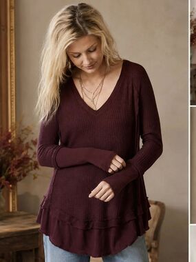 Free People We The Free Laguna Thermal Top Burgundy Ruffle Hem Long Sleeve Small